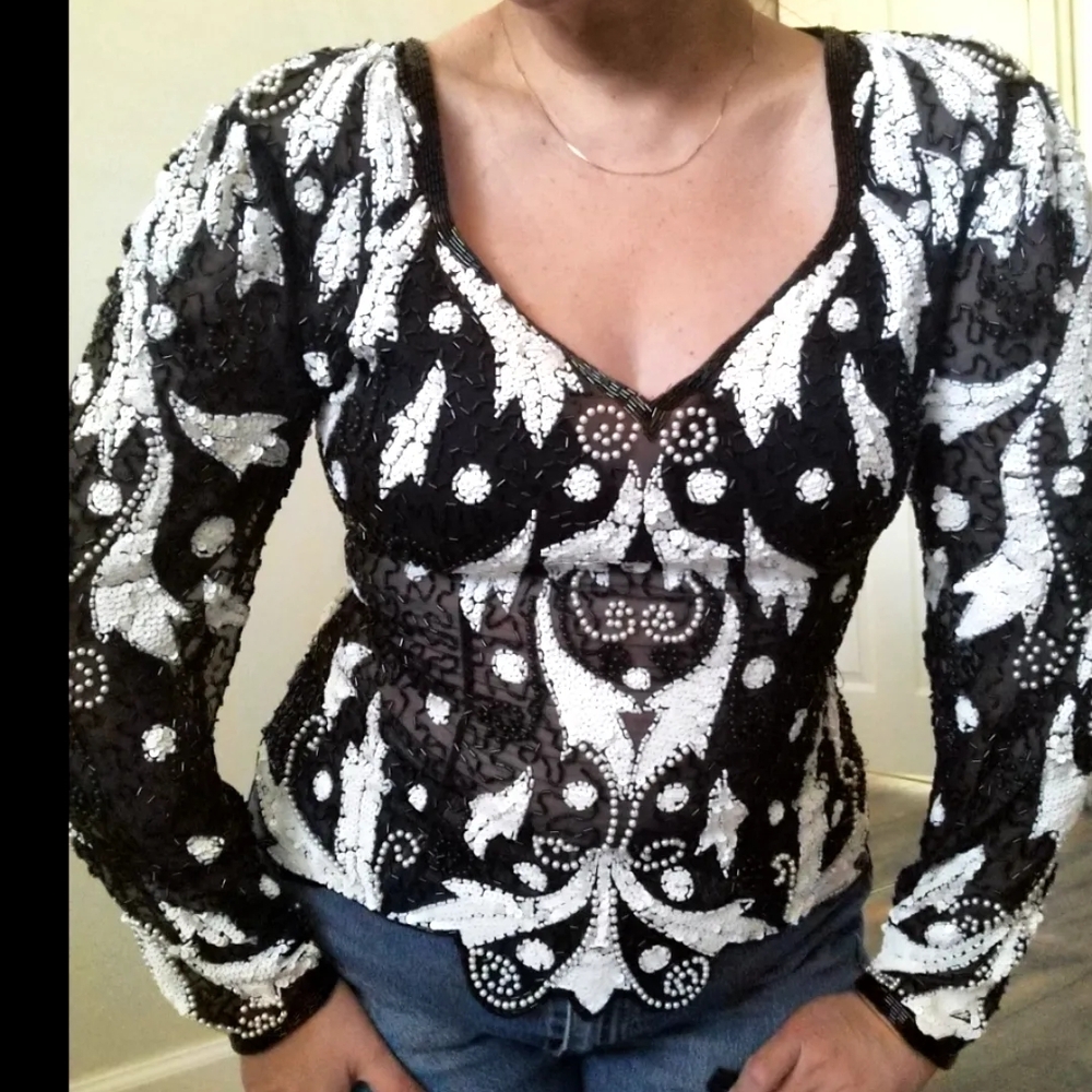 Nite Line Black and White Sequin Embellished Long Sleeve Blouse